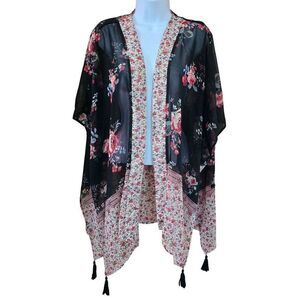 Floral Kimono Cardigan Tassels Lightweight Sheer Black Pink coquette sheer chic
